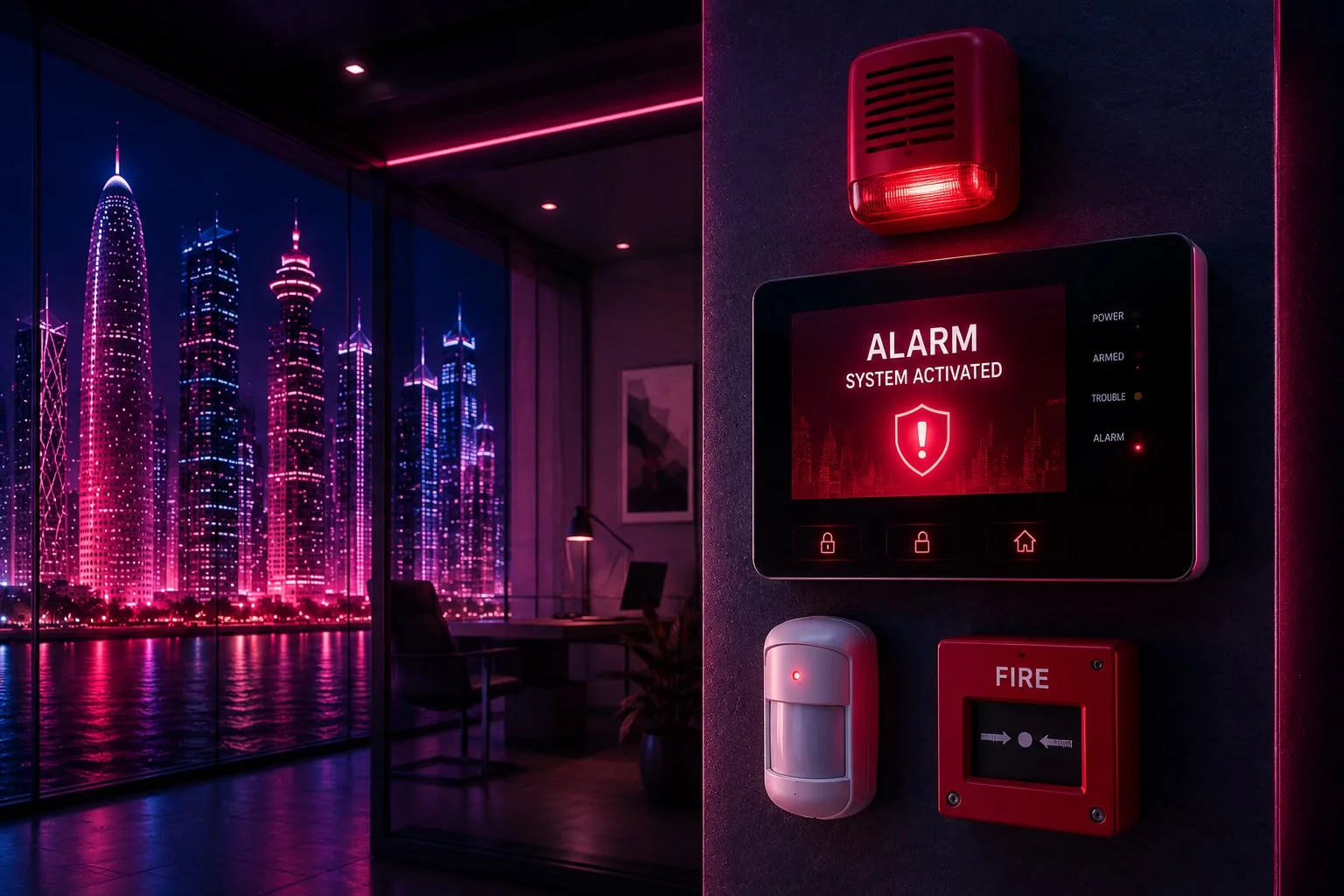 Alarm system control panel with siren, motion sensor and fire call point
