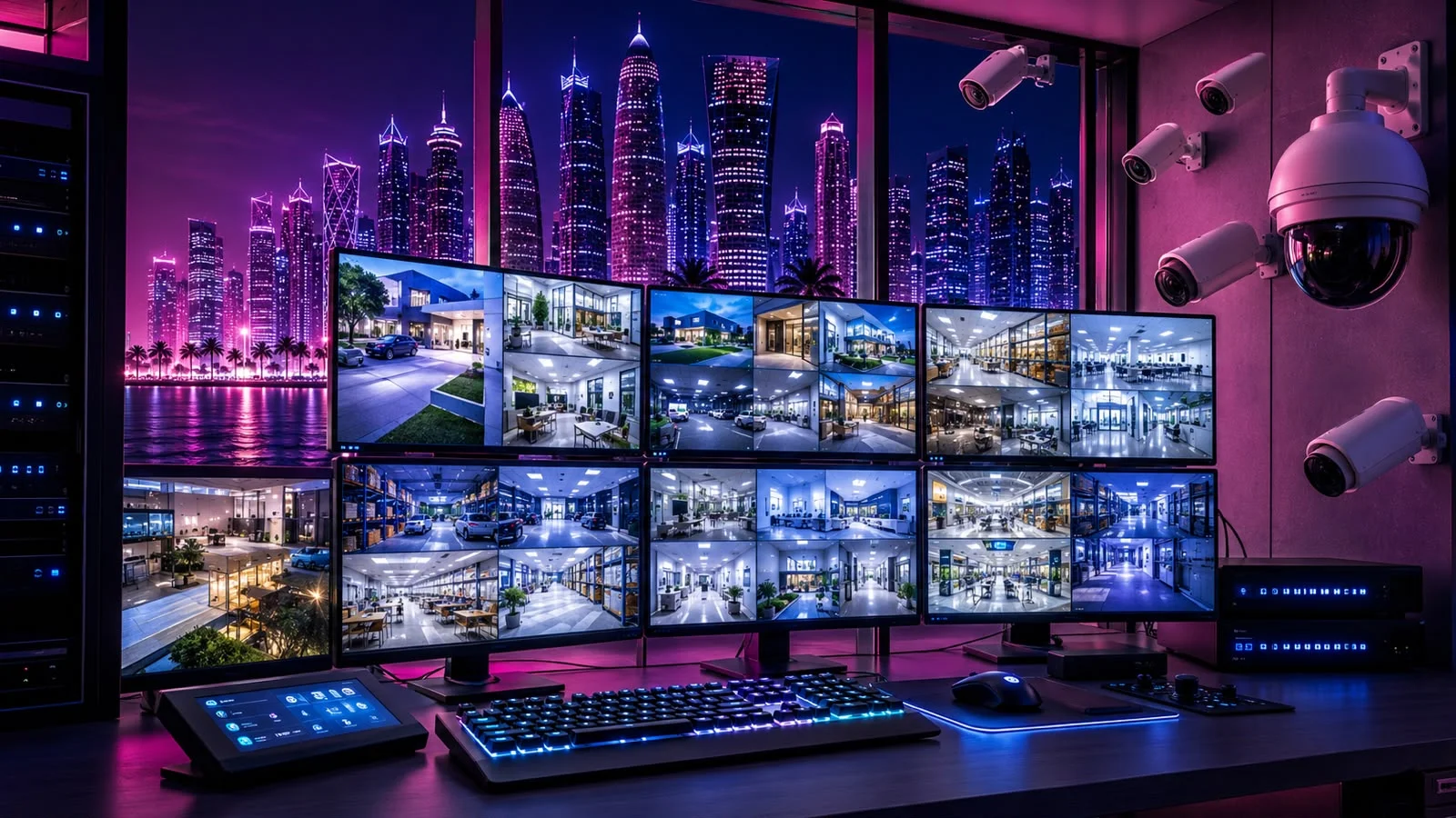 CCTV camera systems control room in Qatar with multi-screen surveillance monitors