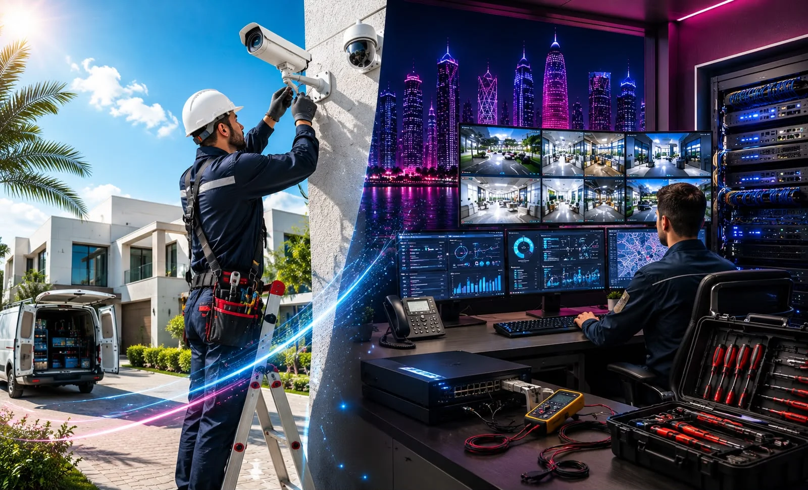 Technician installing a CCTV camera alongside a remote technical support desk