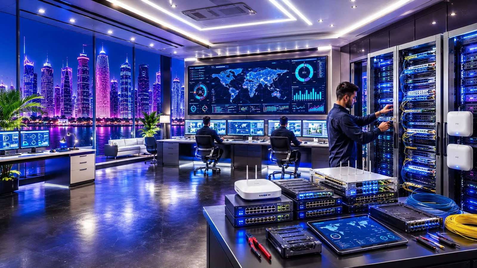 Network solutions engineer configuring server racks and switches in a Qatar office