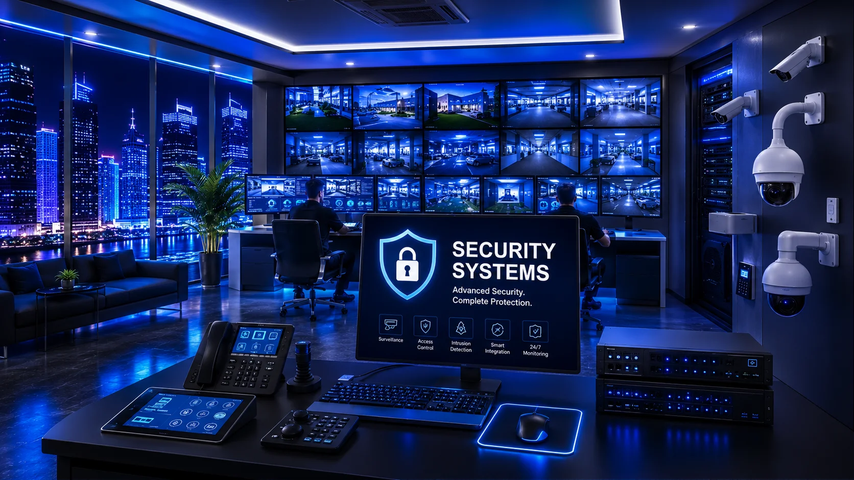 Integrated security systems monitoring station with surveillance displays